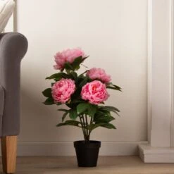 Artificial Pink Peony Plant In Black Plant Pot