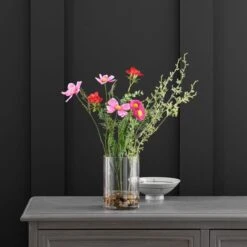 Artificial Pink And Red Wildflower Bouquet In Glass Vase