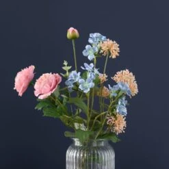 Artificial Pink & Blue Ranunculus Bouquet In Ribbed Glass Vase -Dunelm Store 30869583 alt02