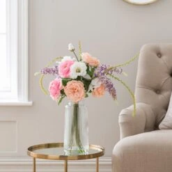 Artificial Rose & Delphinium Bouquet In Ribbed Glass Vase -Dunelm Store 30894995 alt03