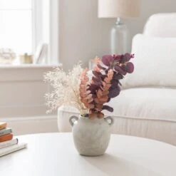 Artificial Purple Eucalyptus & Pampas Bouquet In Washed Grey Cement Handle Vase