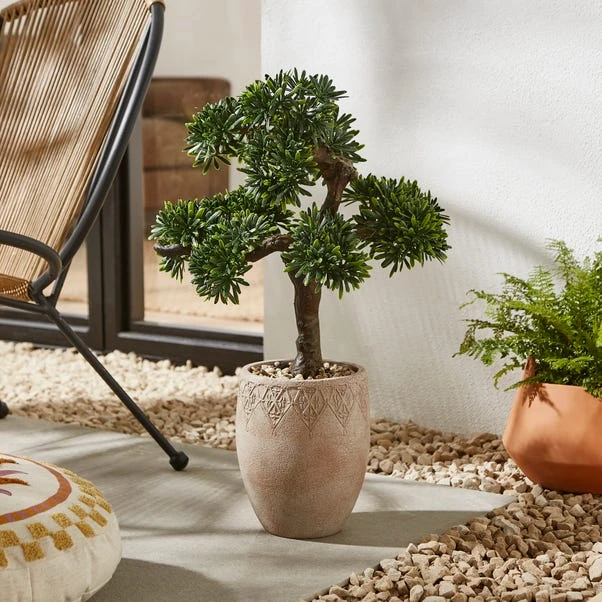 Artificial Green Pine Bonsai Tree In Rustic Natural Plastic Plant Pot 1 Artificial Green Pine Bonsai Tree In Rustic Natural Plastic Plant Pot