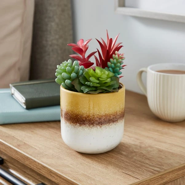 Artificial Succulents In Yellow Stripe Glazed Plant Pot 1 Artificial Succulents In Yellow Stripe Glazed Plant Pot