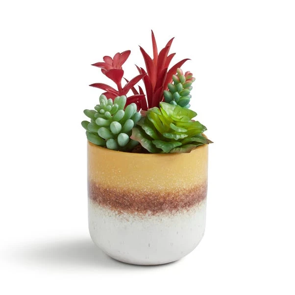 Artificial Succulents In Yellow Stripe Glazed Plant Pot 3 Artificial Succulents In Yellow Stripe Glazed Plant Pot - Image 3